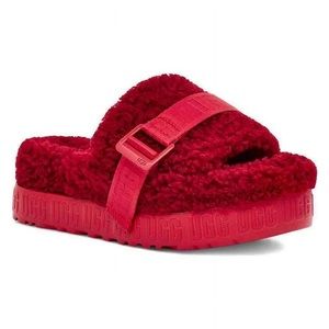 UGG RED FLUFFITA SHEEPSKIN FLUFF SLIDE PLATFORM SANDALS WOMEN US 7